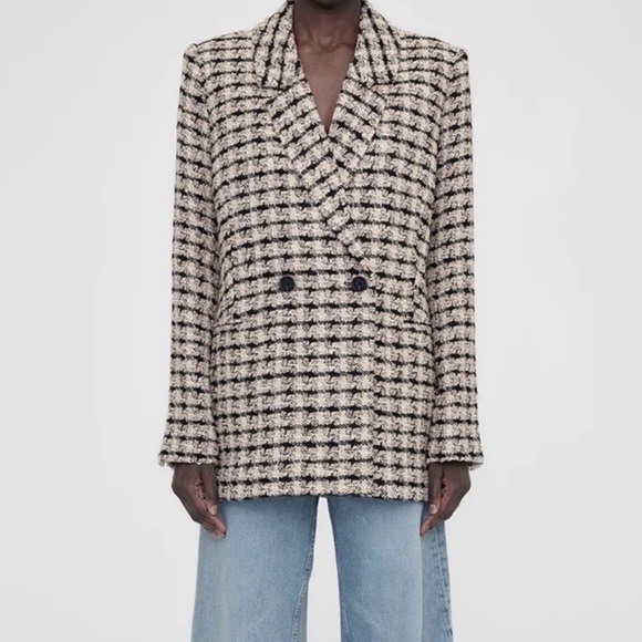 Anine Bing Diana Double Breasted Relaxed Fit Blazer in Apricot Tweed, X-Large - Picture 4 of 15